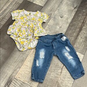 Floral Baby Onesie and Denim Jeans Set